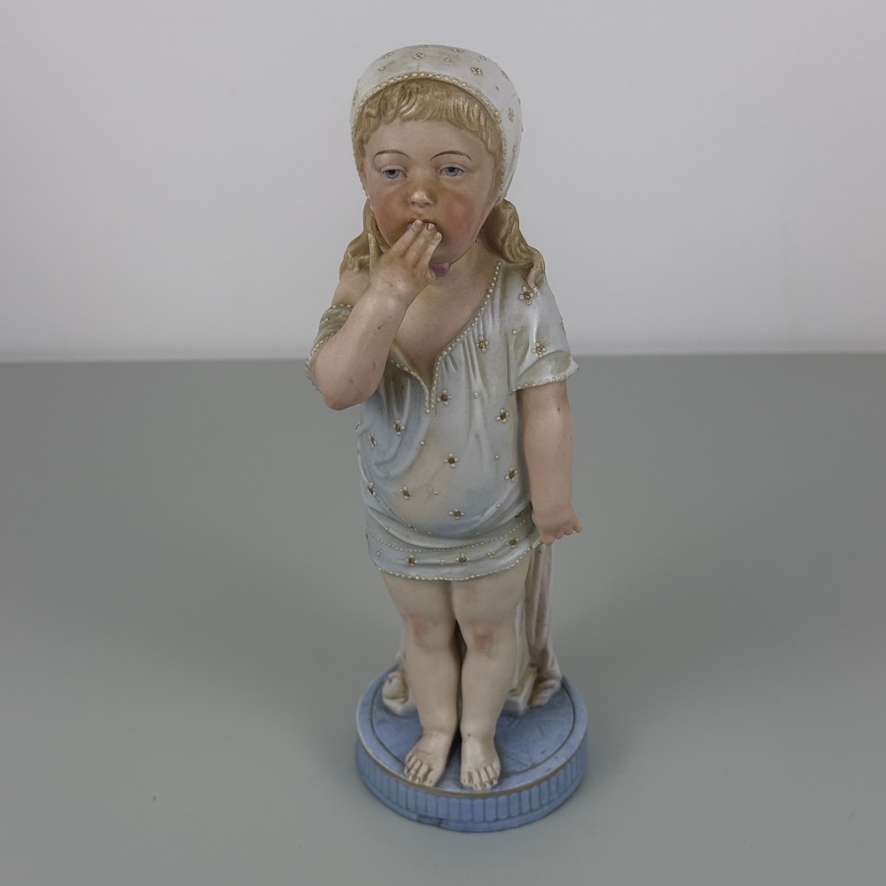 Charming Ceramic Girl Figurine in Sleeping Dress w/ Cap on a Blue Base